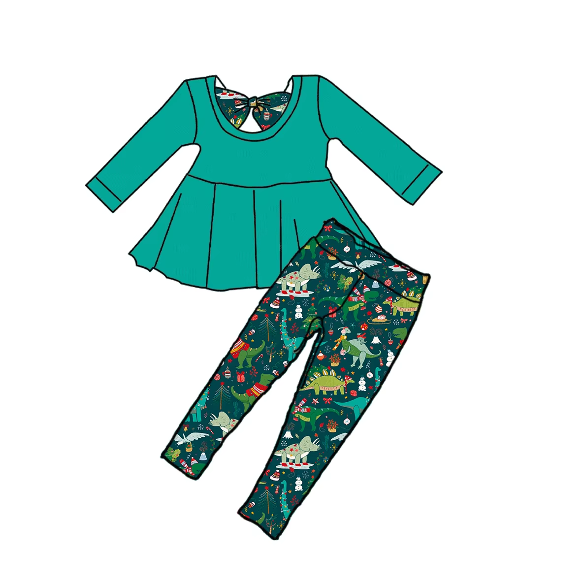 Custom moq 3 eta 6-8weeks Lake Green Bow Back Decorated Long Sleeve Top - Dinosaur Province Green Trousers Set