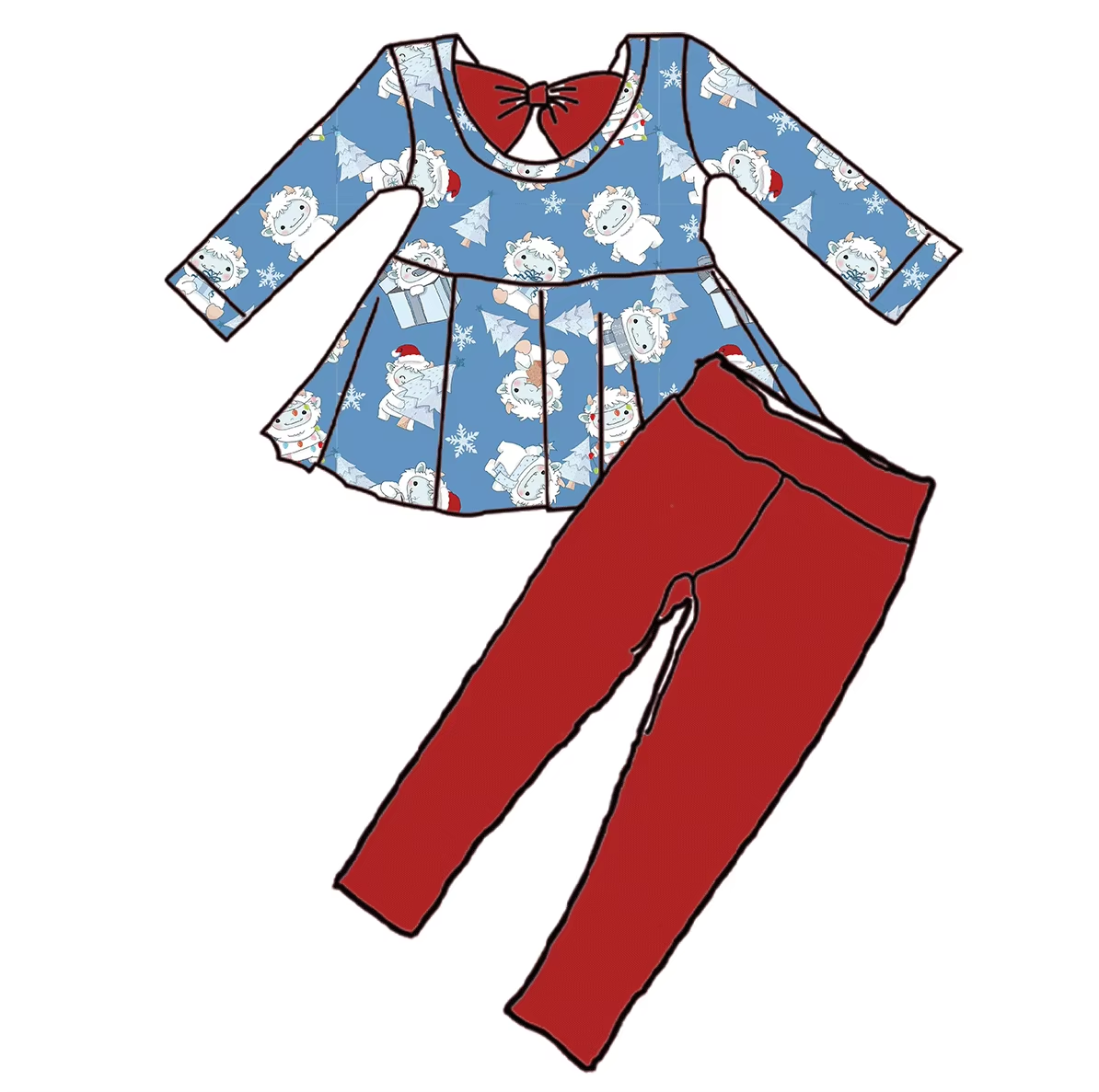 Custom moq 3 eta 6-8weeks Light blue lamb long-sleeved suit with red bow on the back