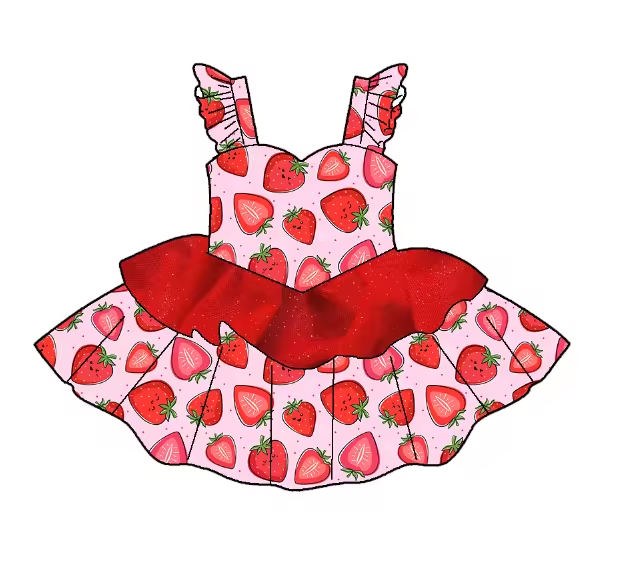 Custom moq 3 eta 6-8weeks Red Strawberry Pattern-Silk Waist Embellished Suspender Dress