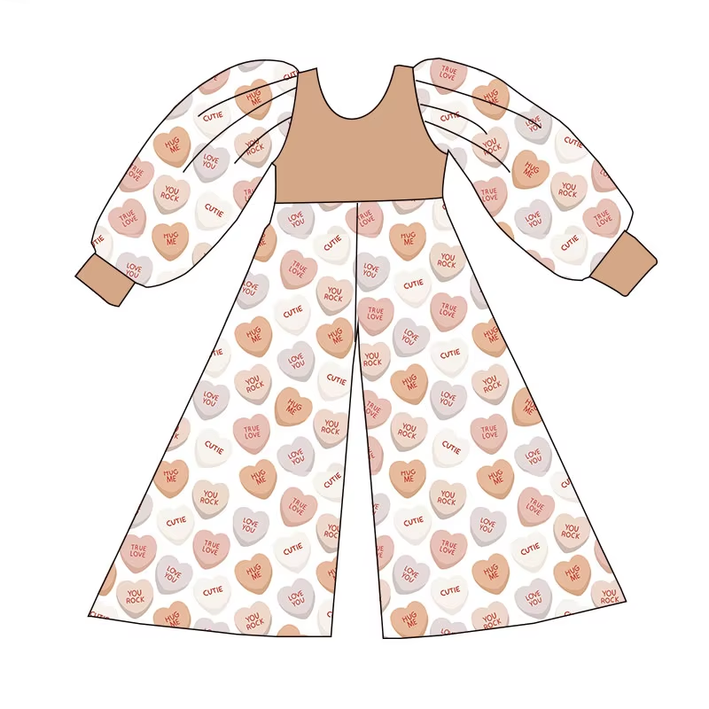 Custom moq 3 eta 6-8weeks Brown-grey-white heart lettering loose-fitting jumpsuit