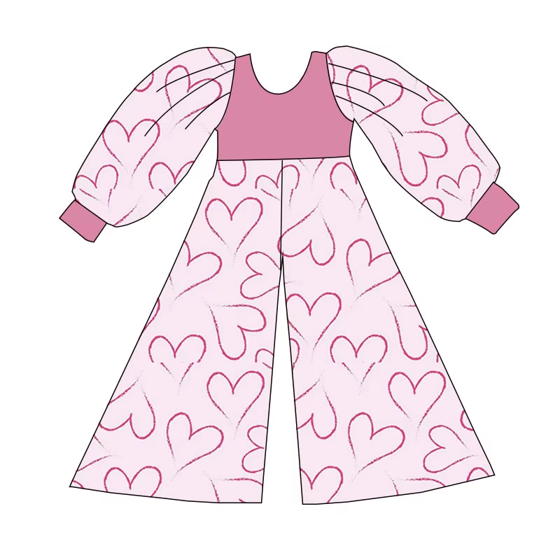 Custom moq 3 eta 6-8weeks Pink hand-painted heart loose long-sleeved trousers jumpsuit