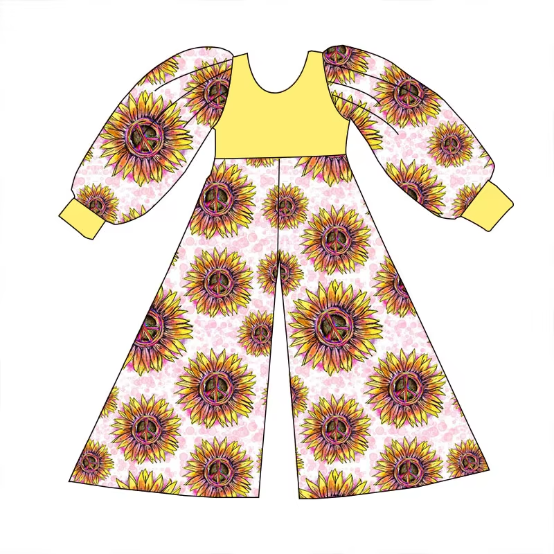 Custom moq 3 eta 6-8weeks Oil painting style sunflower loose long-sleeved trousers jumpsuit