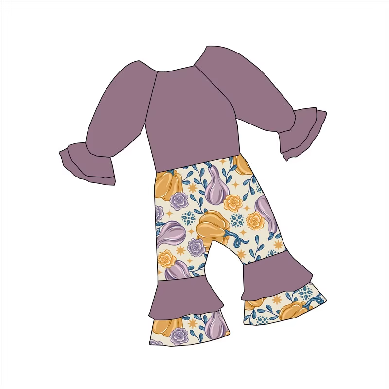 Custom moq 3 eta 6-8weeks Halloween Pumpkin Pink Purple Long Sleeve Long Pants Flared Bodysuit