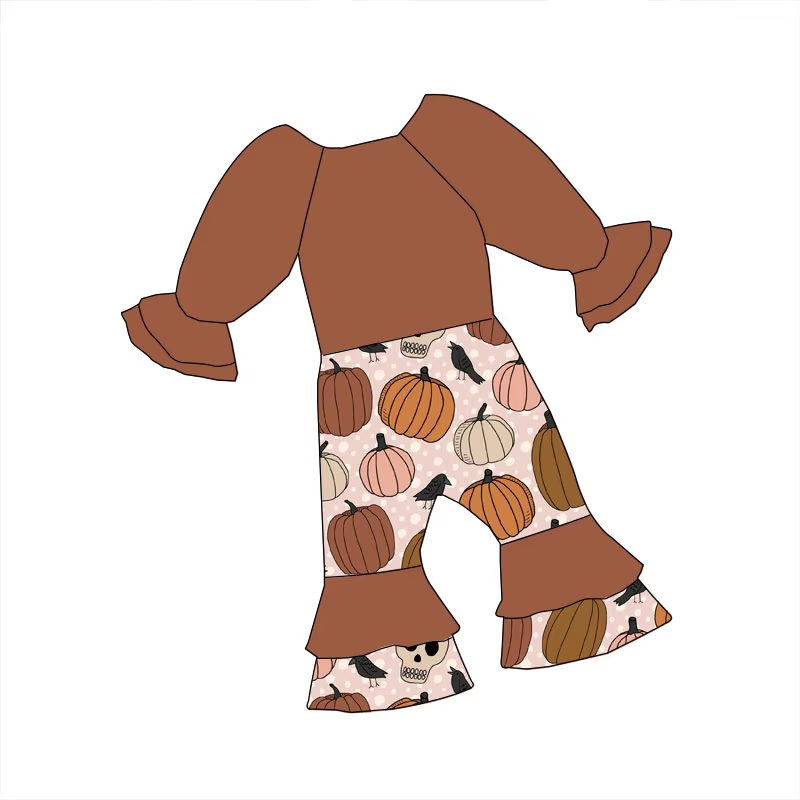 Custom moq 3 eta 6-8weeks Three-color pumpkin brown long-sleeved long pants flared jumpsuit