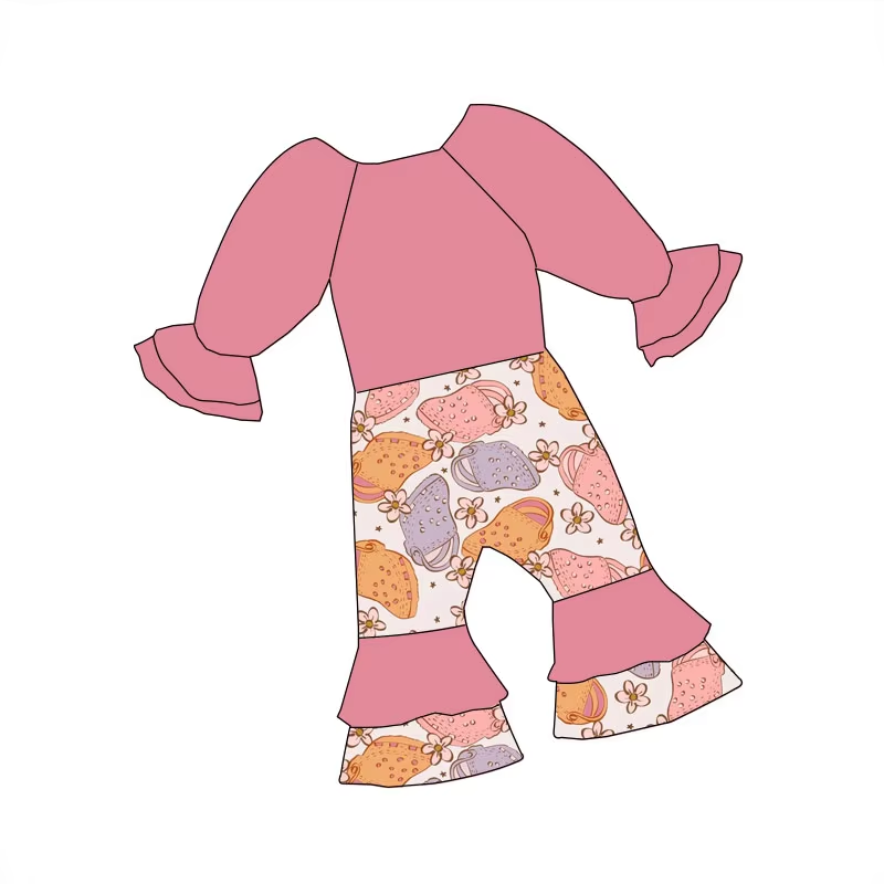 Custom moq 3 eta 6-8weeks Slippers Small Flower Decorative Pattern Pink Long Sleeves Long Pants Flared Bodysuit