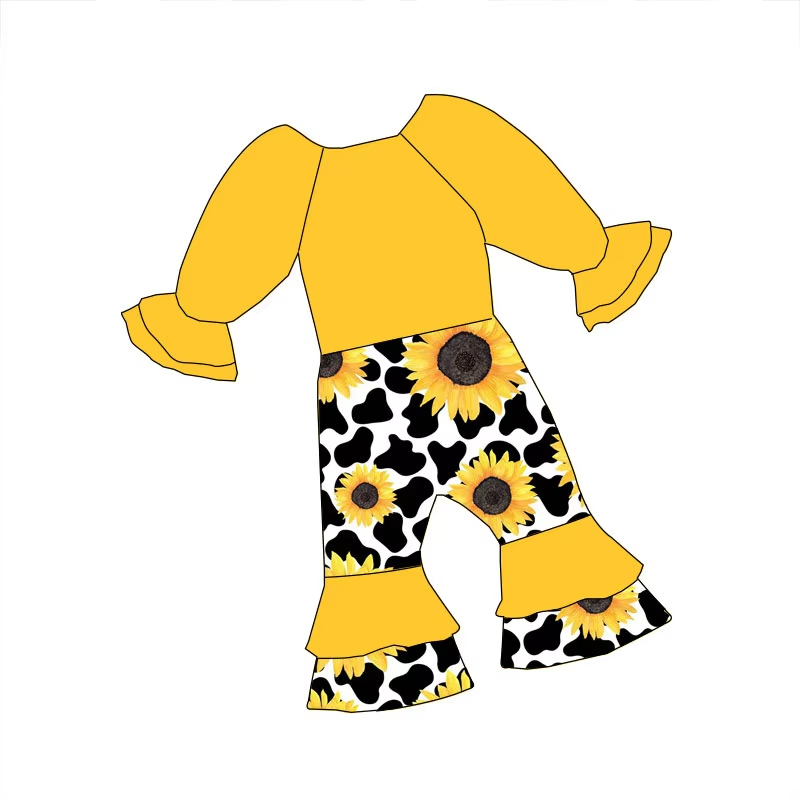 Custom moq 3 eta 6-8weeks Yellow cow print sunflower long-sleeved trousers flared jumpsuit