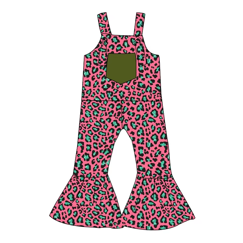Custom moq 3 eta 6-8weeks Black and green leopard pattern rose pink overalls - flared style