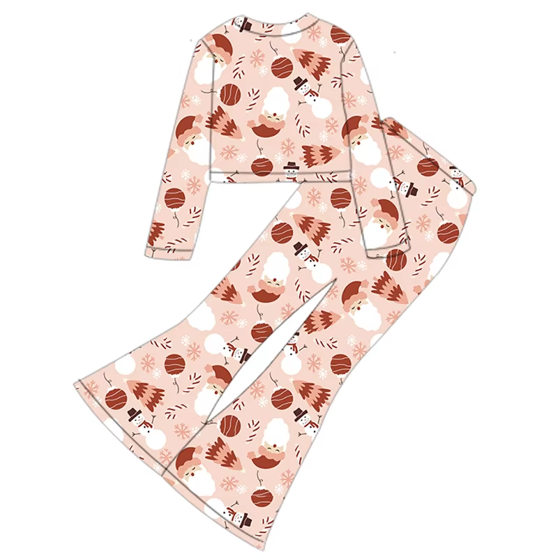 Custom moq 3 eta 6-8 weeks Santa Claus & Pine Tree Pattern Lotus Pink Long Sleeve Cropped Top-Tight Flared Pants Set