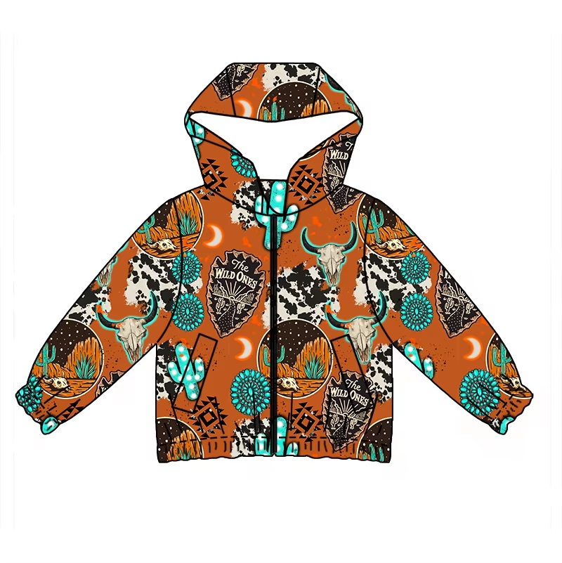 Custom moq 3 eta 6-8 weeks Brown long-sleeved zip-up hooded jacket with fluorescent bull head and cactus pattern