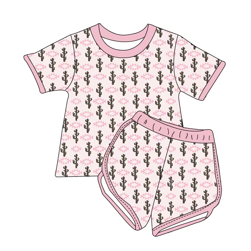 Custom moq 3 eta 7/8week moq 5 eta /4/5week Pink Diamond & Cactus Short Sleeve Shorts Set