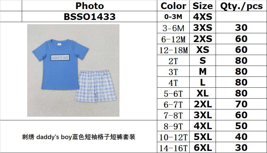 RTS NO MOQ BSSO1433 Embroidered daddy's boy blue short sleeve plaid shorts set