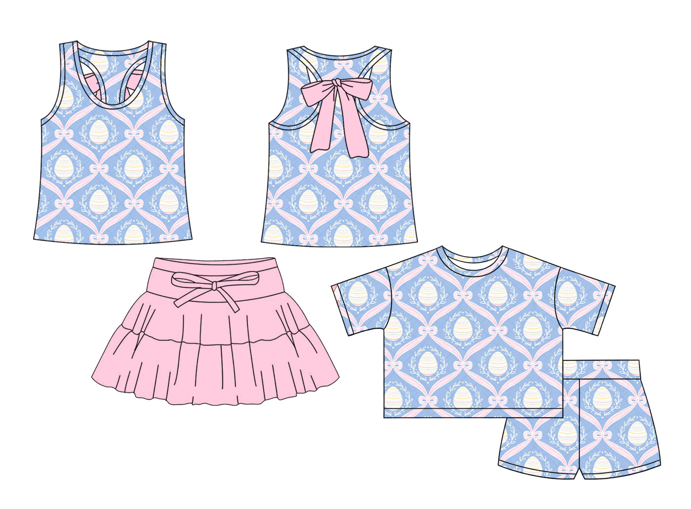 26.1.9 custom each style moq 5 eta 6-8week Sibling Sister easter eggs bow baby short sleeve shorts sets 2 match design