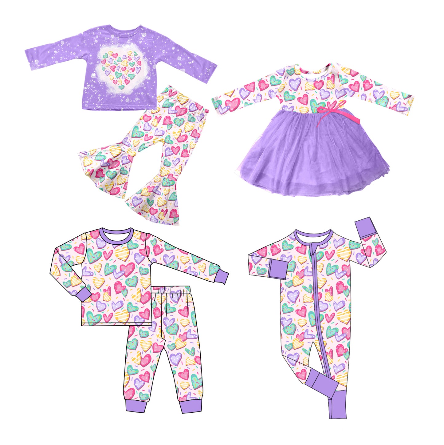 11.3 custom each style moq 5eta 4-6week Sibling Sister love purple baby girl sets 1 and sets 2and dress and rompers match family design