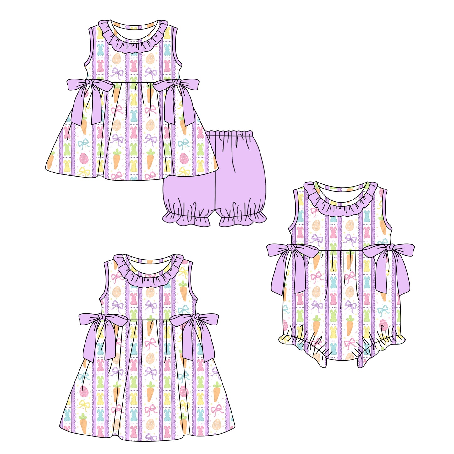 Custom moq 5 mix size Sibling Baby Girl's Purple Bunny Print Easter Short-Sleeved Top And Shorts Set Cute Romper Dress for Spring Summer
