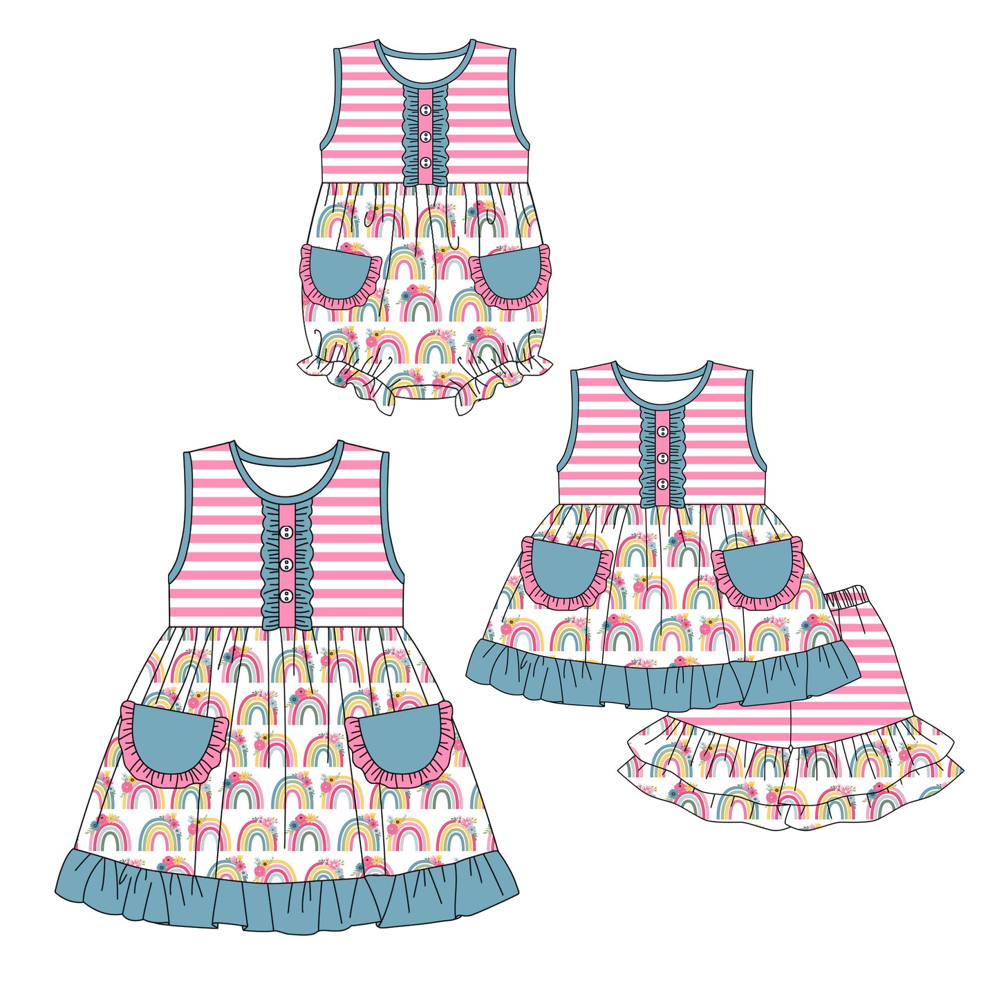 12.16 custom each style moq 5eta 4-6week Sibling Sister rainbow baby girl short sleeve shorts sets and dress and rompers match family design