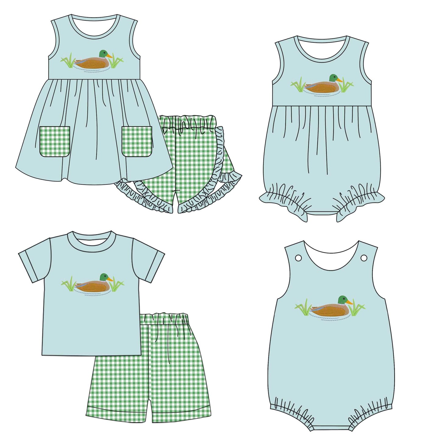 11.2 custom each style moq 5eta 4-6week Sibling Sister duck baby girl short sleeve shorts sets and briefs sets 2 and girls romper and boy romper match design