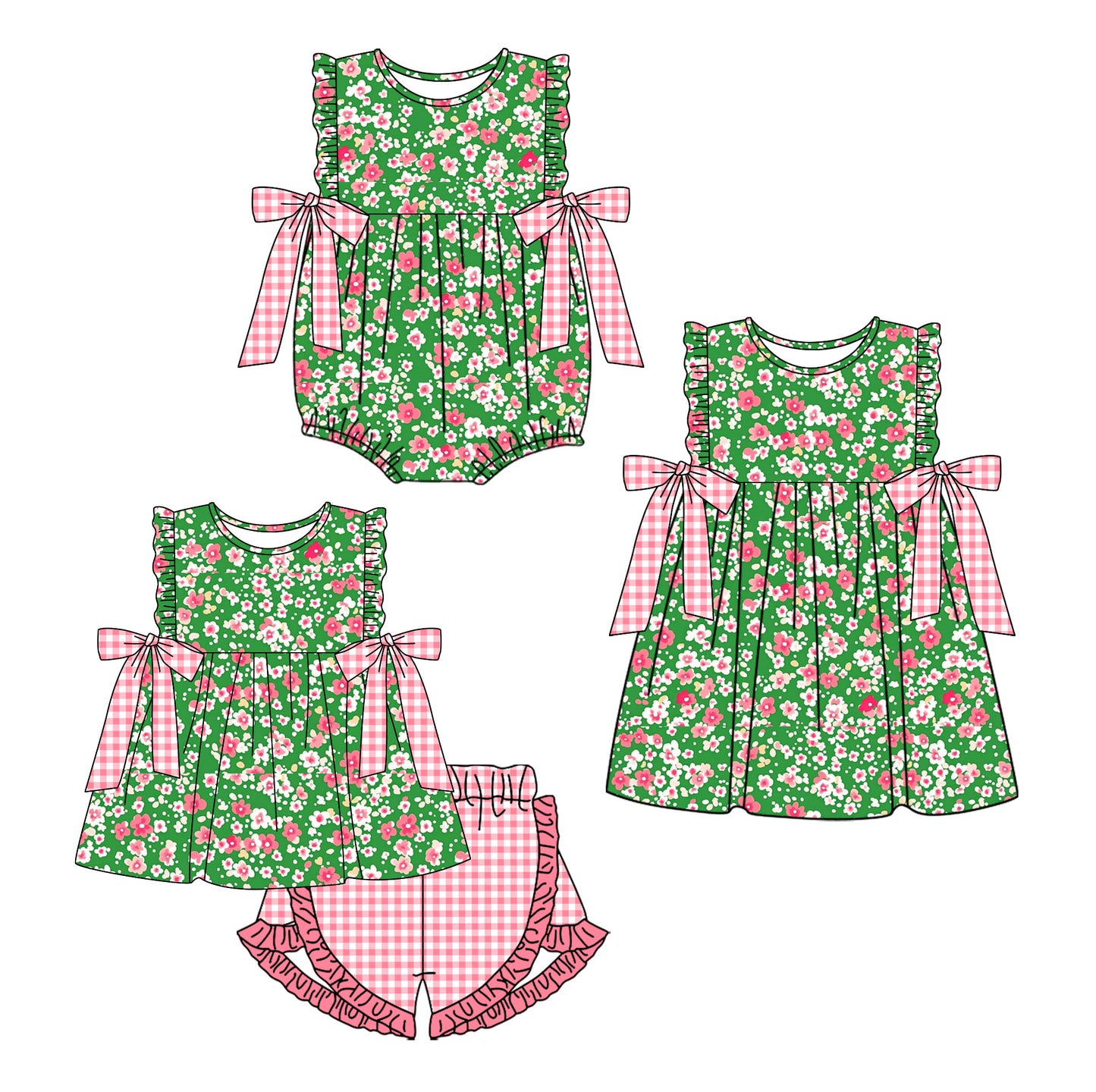 11.14 custom each style moq 5eta 4-6week Sibling Sister floral baby girl short sleeve shorts sets and dress and rompers match family design