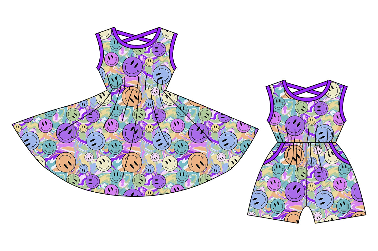 12.24 custom each style moq 5eta 4-6week Sibling Sister smiley baby girl short sleeve shorts dress and jumpsuit match design