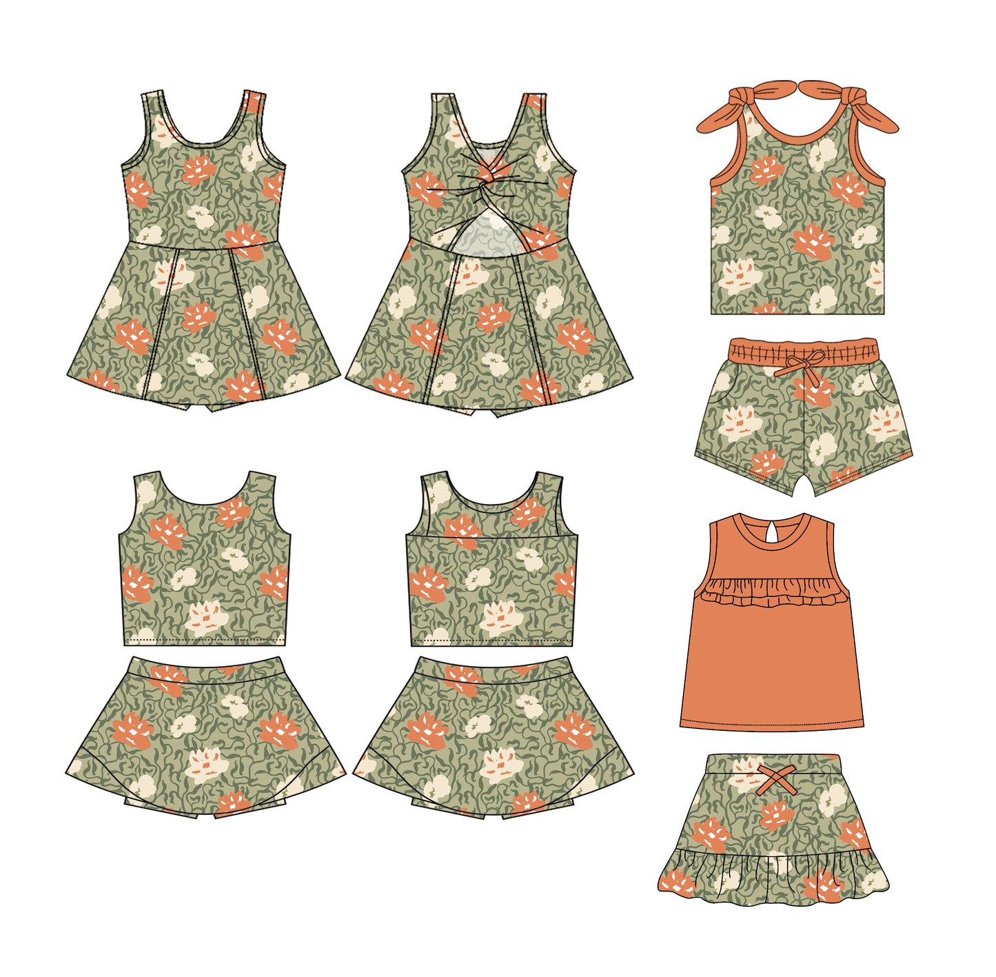 3.8 custom each style moq 5eta 4-6week Sibling Sister baby girls clothes Short Sleeve shorts sets 1 and sets 2 and yoga dress 1 and dress 2 match family design