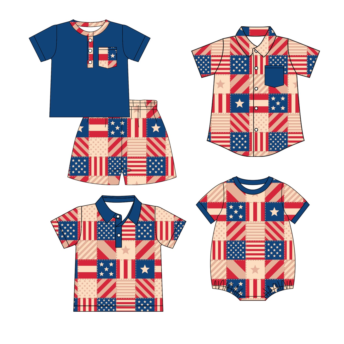 3.12 Custom moq 5 mix size Sibling Baby Boy's 4th of July Short-Sleeved Outfit Set with Matching Polo Shirt And Button-Down Shirt Romper