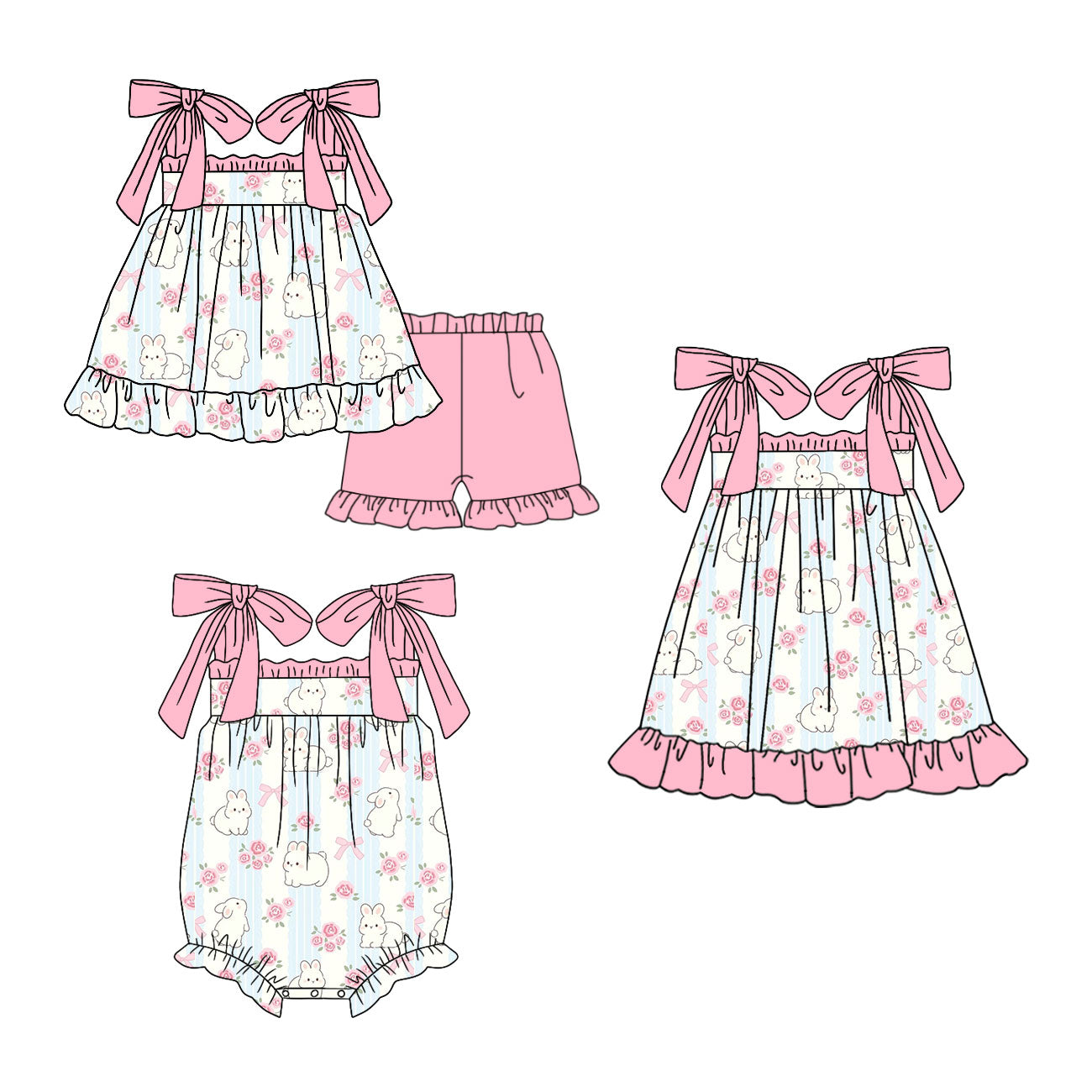 25.10.23 custom each style moq 5 eta 6-8week Sibling Sister bunny floral bow baby short sleeve shorts sets and romper and dress match design