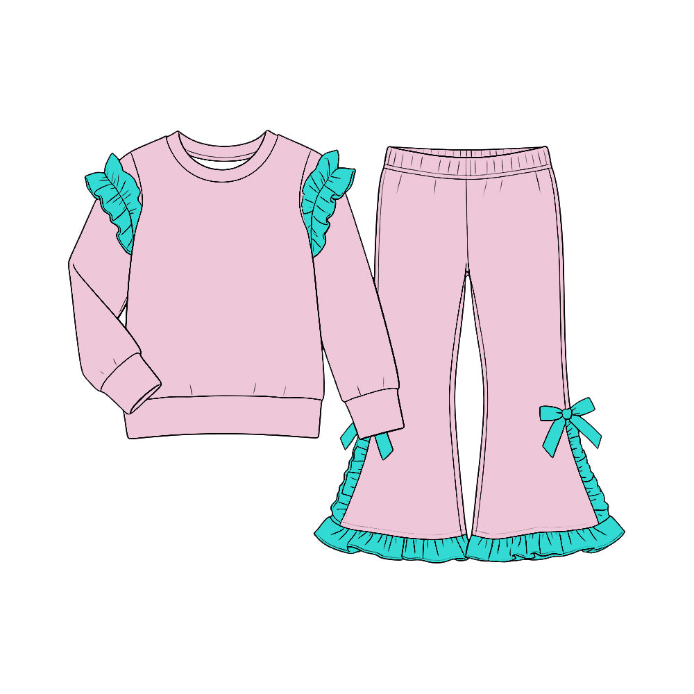 custom moq 5 mix size Baby Girls Ruffle Pink Long Sleeve Top And Flare Pant With Bows Set