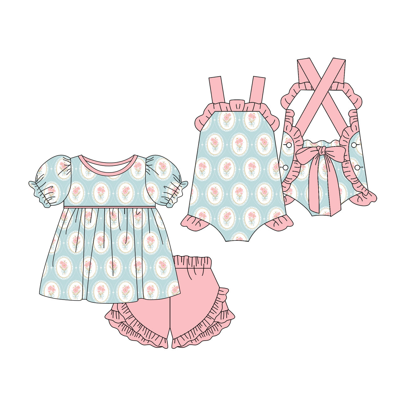 3.11 Custom moq 5 mix size Sibling Baby Girl's Short Sleeves Top And Pink Ruffle Short Set Cute Romper for Summer