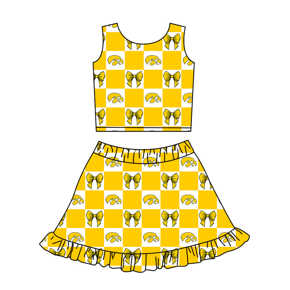 Custom moq 3 or 5 mix size milk silk summer teams baby girl clothes bow yellow sleeveless skirts sets-26.1.21