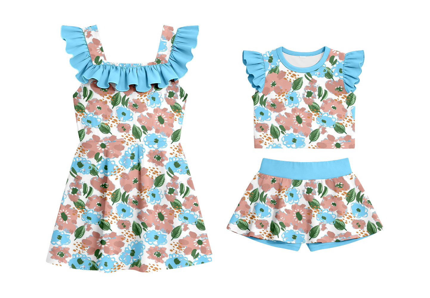 Custom moq 5 mix size Sibling Baby Girl Blue Floral Print Sleeveless Top And Shorts Set Dress Cute Summer Outfit for Infants