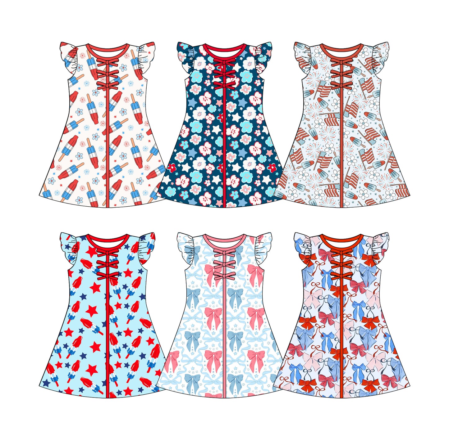 Custom moq 5 mix size Sibling Baby Girl's 4th of July Flying sleeves Dress Cute Toddler Girls' Summer Casual Dress