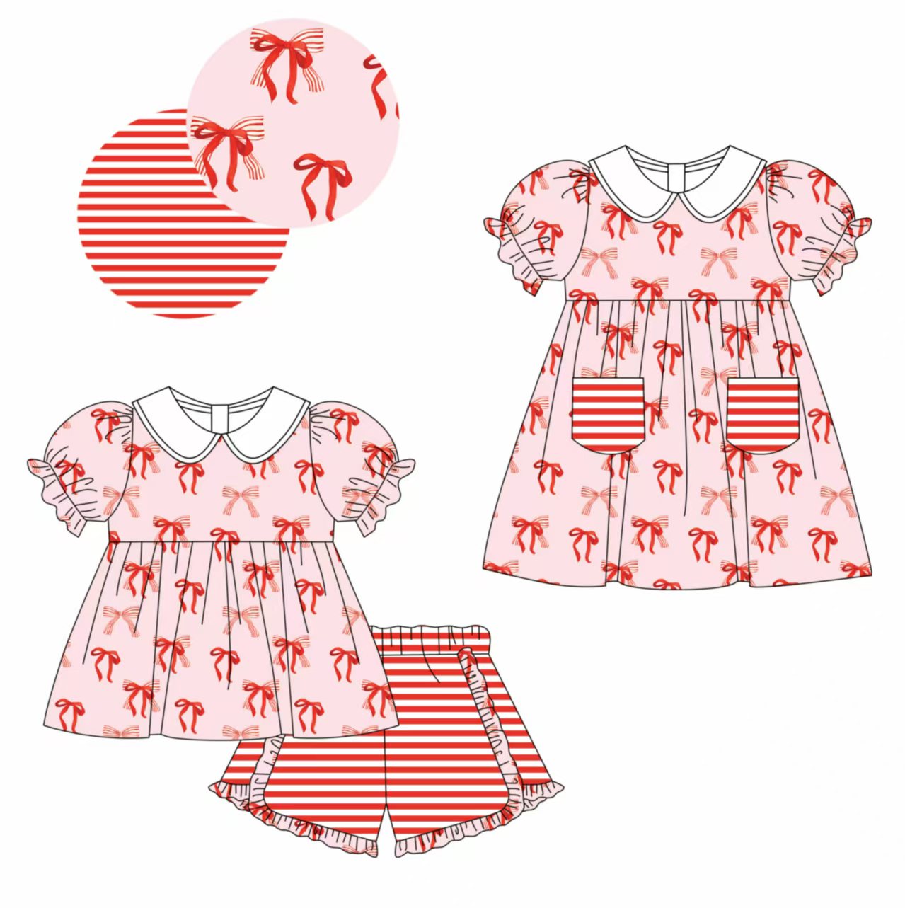 12.5 custom each style moq 5eta 4-6week Sibling Sister bow baby girl short sleeve shorts sets and dresses match design