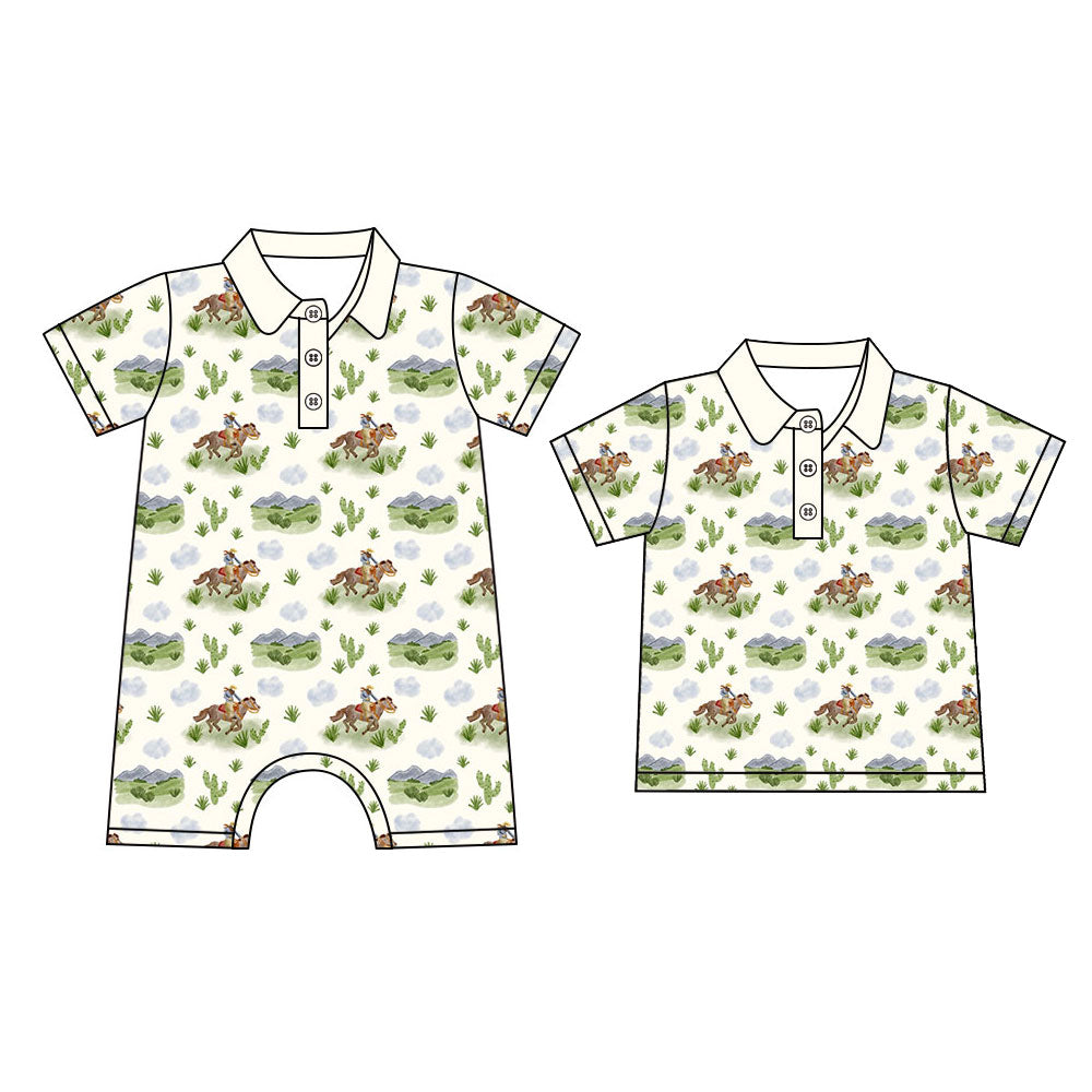 4.14 Custom moq 5 mix size Sibling Baby Boy's Rodeo Short-Sleeved Polo Shirt Romper Outfit