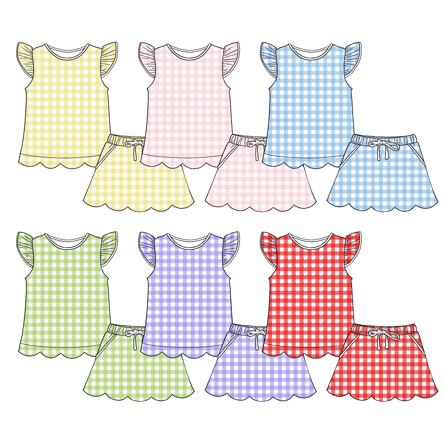 4.10 Custom moq 5 mix size Sibling Baby Girl's Checked Flutter Sleeve Top Scallop Skirt Set Cute Casual Outfit