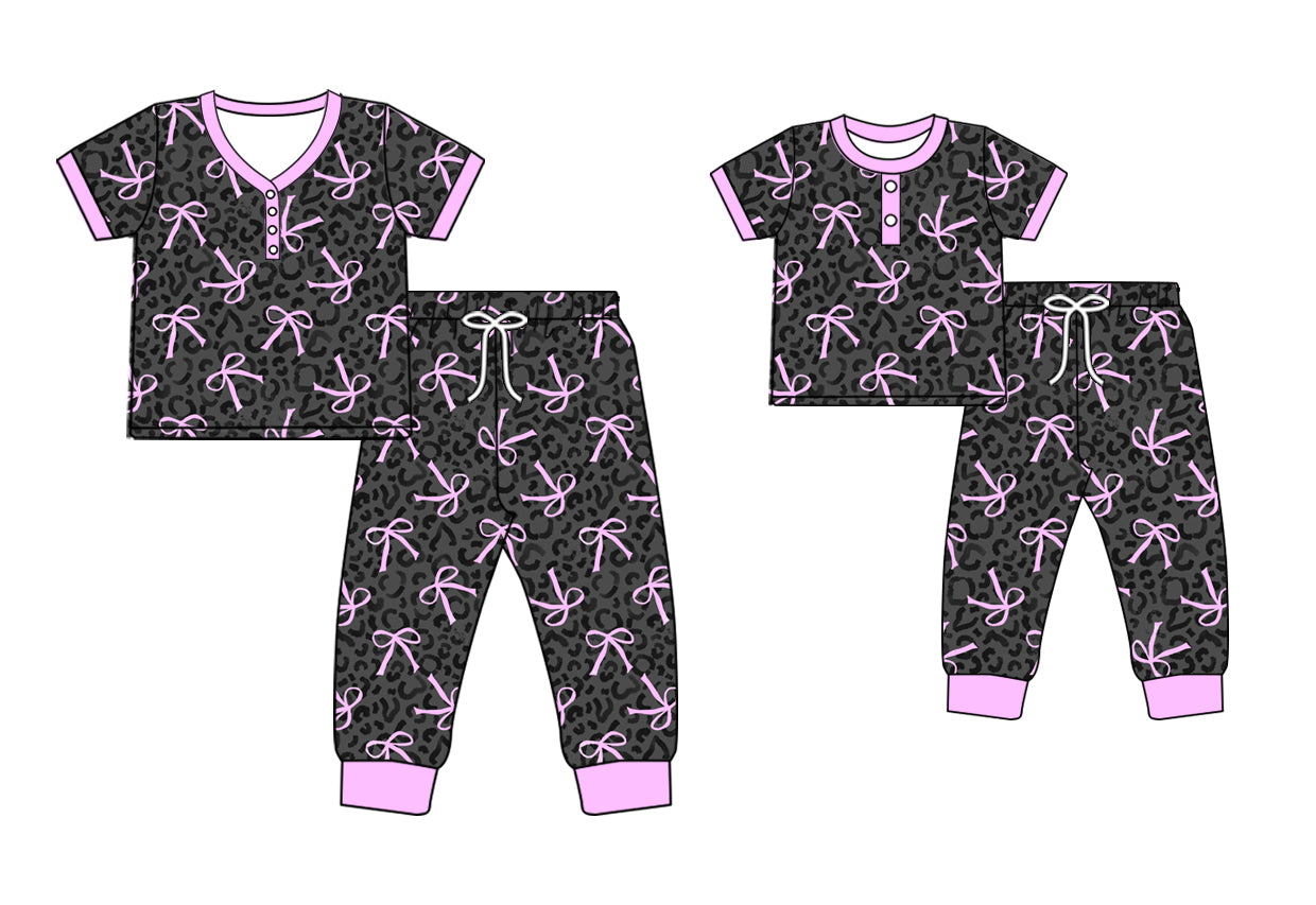 12.25 custom each style moq 5eta 4-6week Sibling Sister leopard bow baby girls short sleeve pants sets and adult sets match design