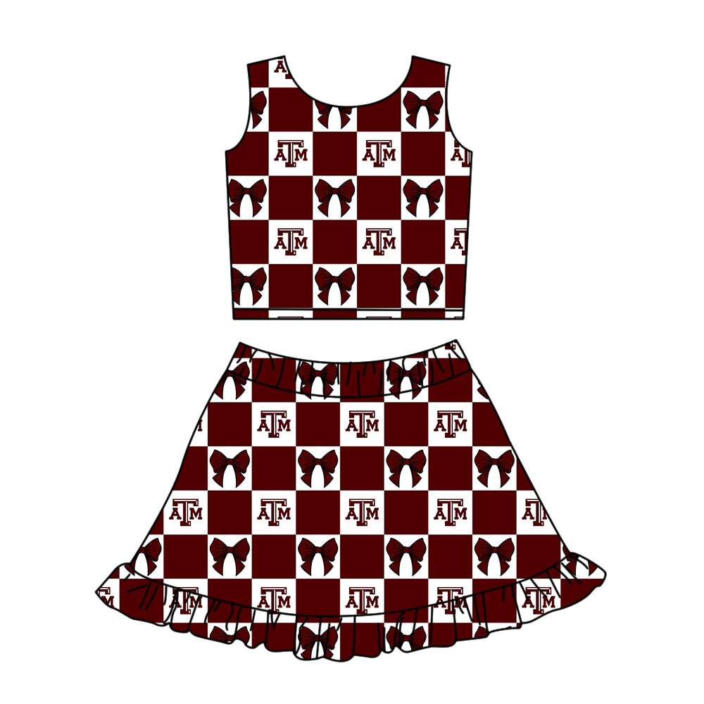 Custom moq 3 or 5 mix size milk silk summer teams baby girl clothes bow dark red sleeveless skirts sets-26.1.20