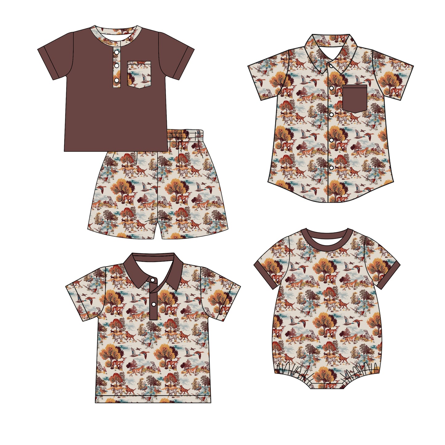 3.10 Custom moq 5 mix size Sibling Baby Boy's Brown Short-Sleeved Outfit Set with Matching Polo Shirt And Button-Down Shirt Romper
