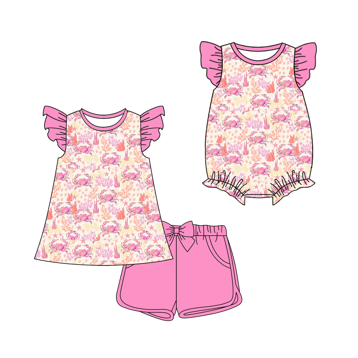 3.21 Custom moq 5 mix size Sibling Cute Clothes Baby Girl's Pink Flutter Sleeve Top And Short Set Matching Romper for Summer