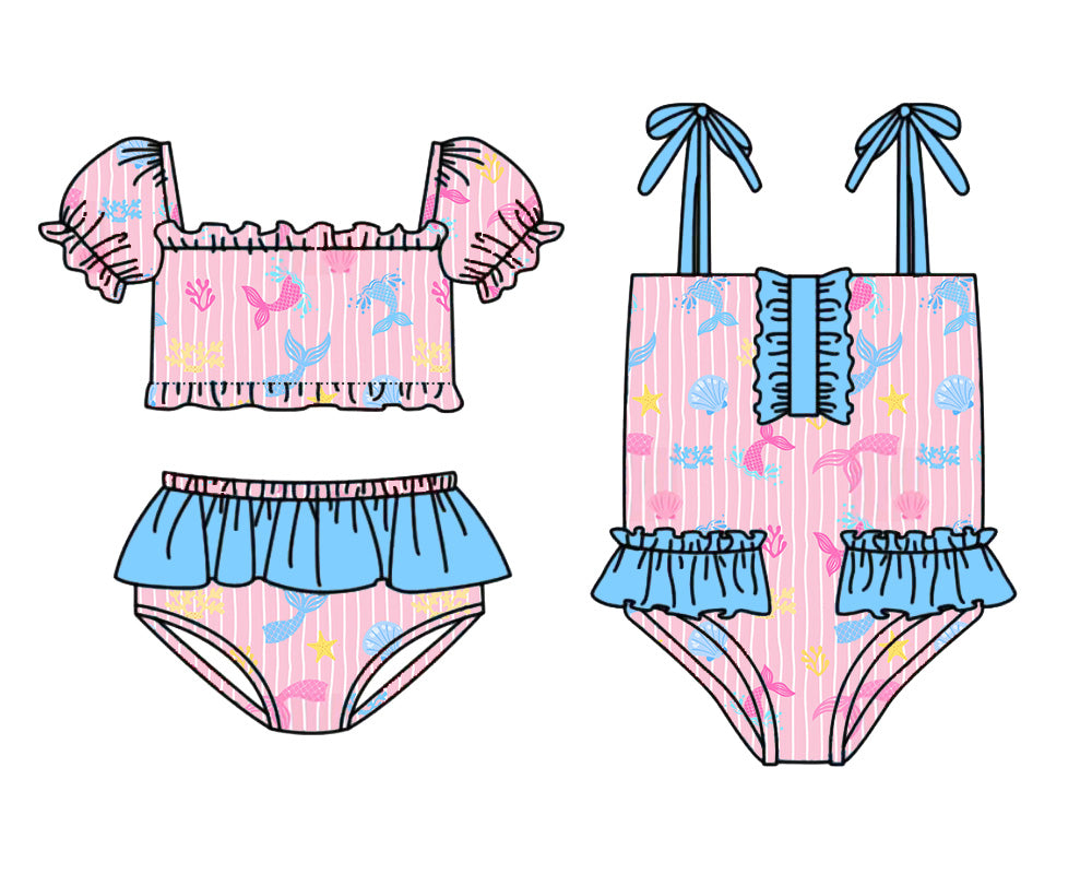 3.13 Custom moq 5 mix size Sibling Baby Girls Pink Short-Sleeved Top Two Pieces Swimsuits One Piece Swimsuits