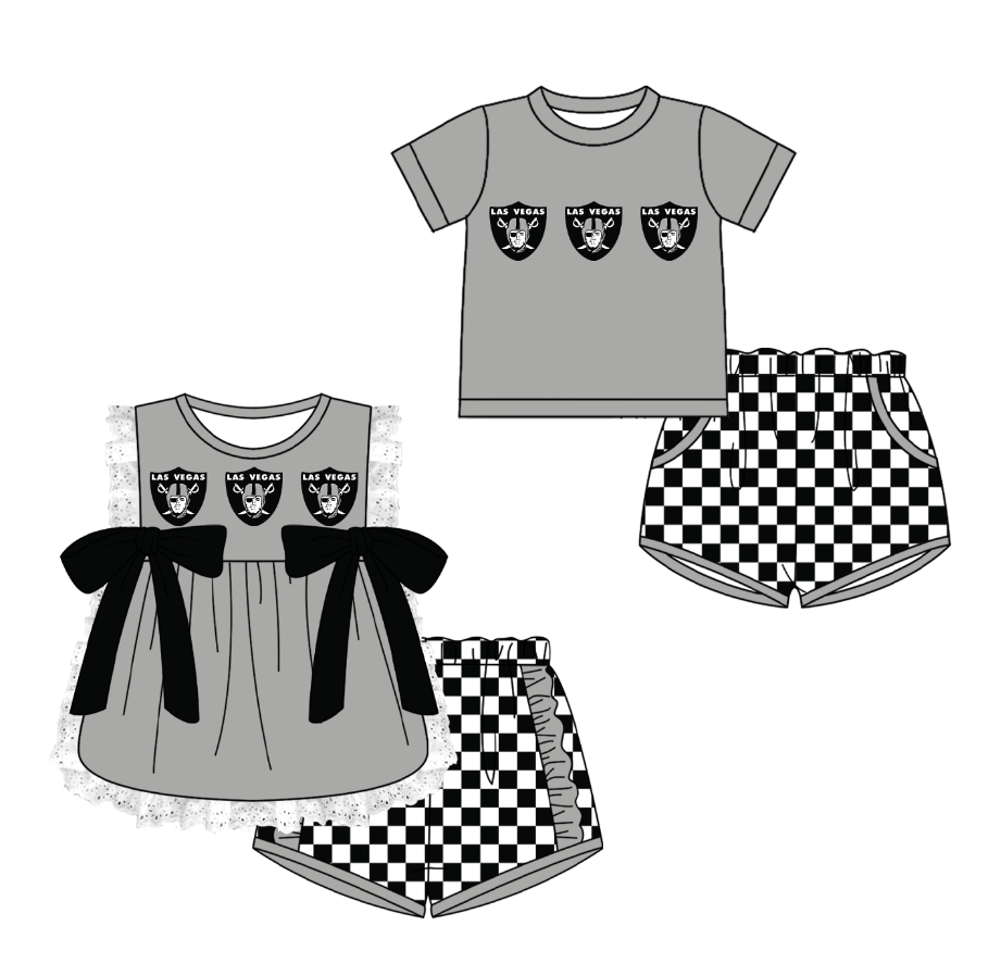 Custom moq 5 mix size milk silk summer teams Grey Girl Sleeveless Top And Plaid Shorts Set with Bow Boy Short Sleeved Top And Plaid Shorts Set