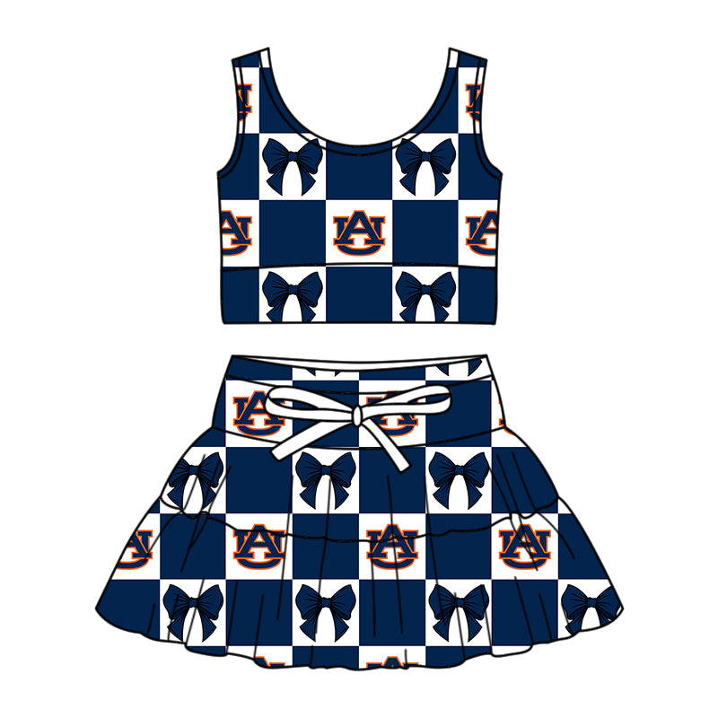 Custom moq 3 or 5 mix size milk silk summer teams baby girl clothes bow navy blue sleeveless skirts sets-26.1.17