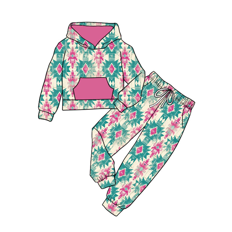 8.30 custom each style moq 5eta 4-6week baby girls clothes geometric hooded long sleeve pants sets