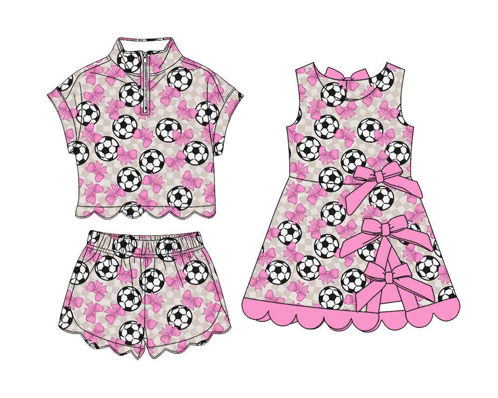4.9 Custom moq 5 mix size Sibling Baby Girls Bows Footballs Zipper Top Short Scallop Sets Yoga Active Scallop Short Knee Length Dress
