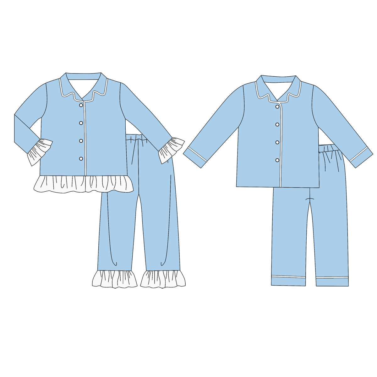 custom moq 5 mix size Baby Boys And Girls Light Blue White Long Sleeve Collared Button Down Pant Pajama Set Kids Sleepwear Set