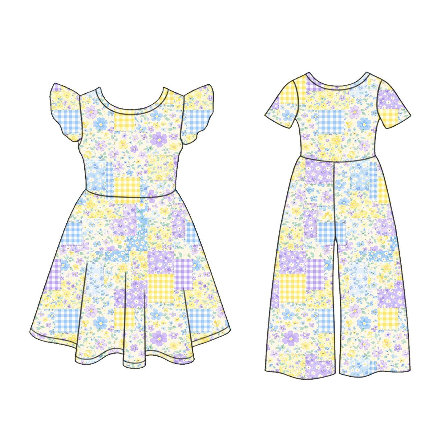 3.5 Custom moq 5 mix size Sibling Baby Girl's Flowers Flutter Sleeve Dress And Matching Short-Sleeved Jumpsuit Outfit Set
