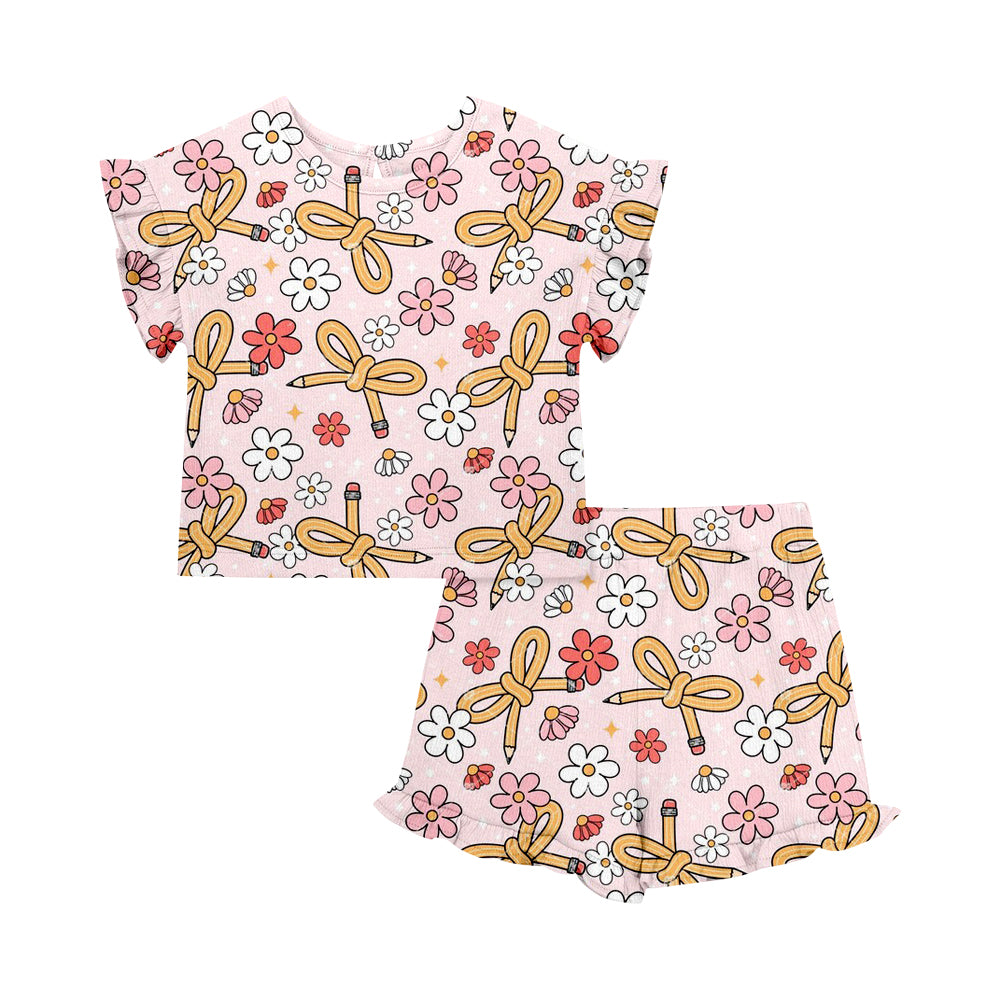Custom moq 5 mix size Baby Girl's Pink Short-Sleeved Top And Shorts Set Cute Back To School Outfit