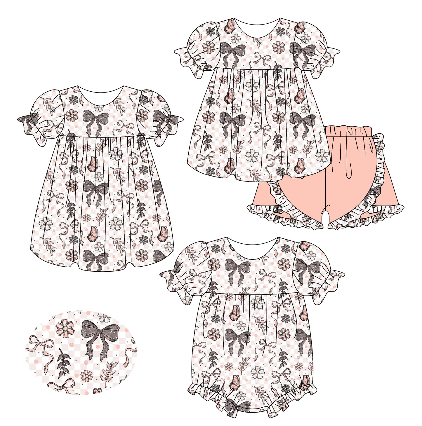 2.15 custom each style moq 5eta 4-6week Sibling Sisters bow floral baby girl short sleeve shorts sets and dress and rompers match family design