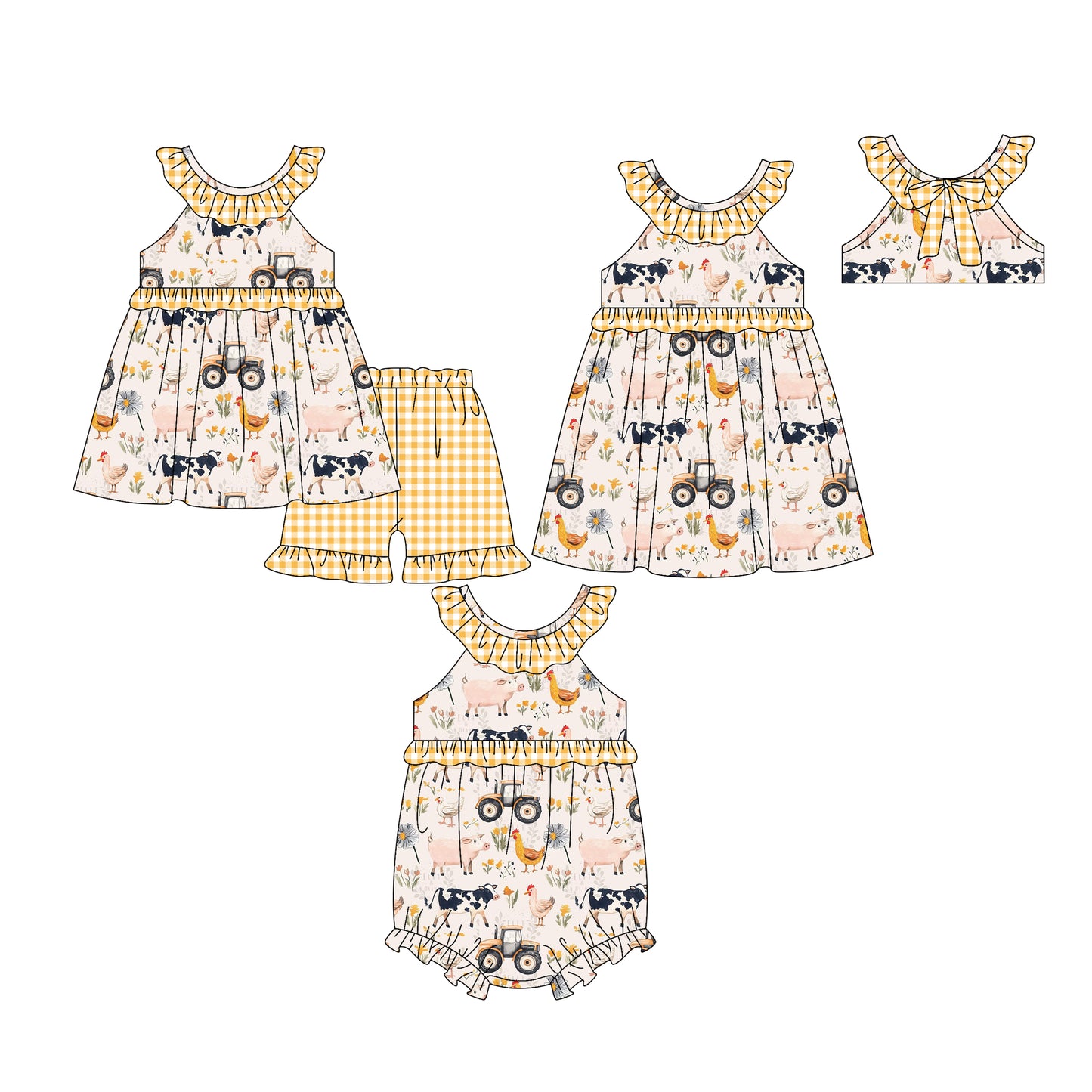 25.12.22 custom each style moq 5 eta 6-8week Sibling Sister farm baby short sleeve shorts sets and romper and dress match design