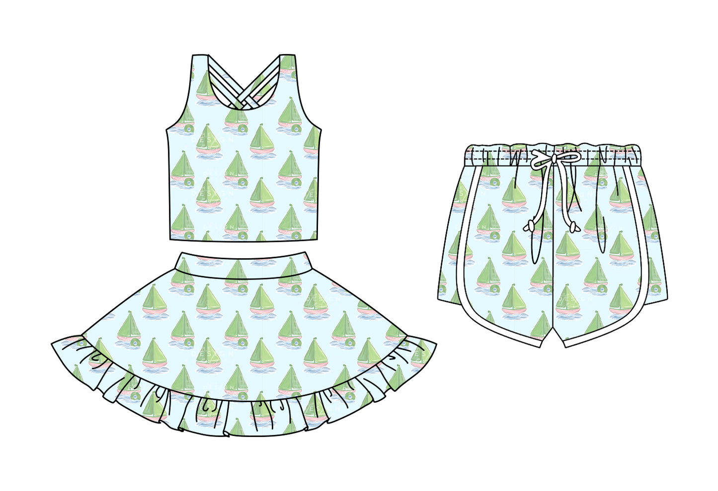 Custom moq 5 mix size Sibling Baby Girls Print Blue Sleeveless Top And Skirt Set with Shorts Cute Toddler Outfit