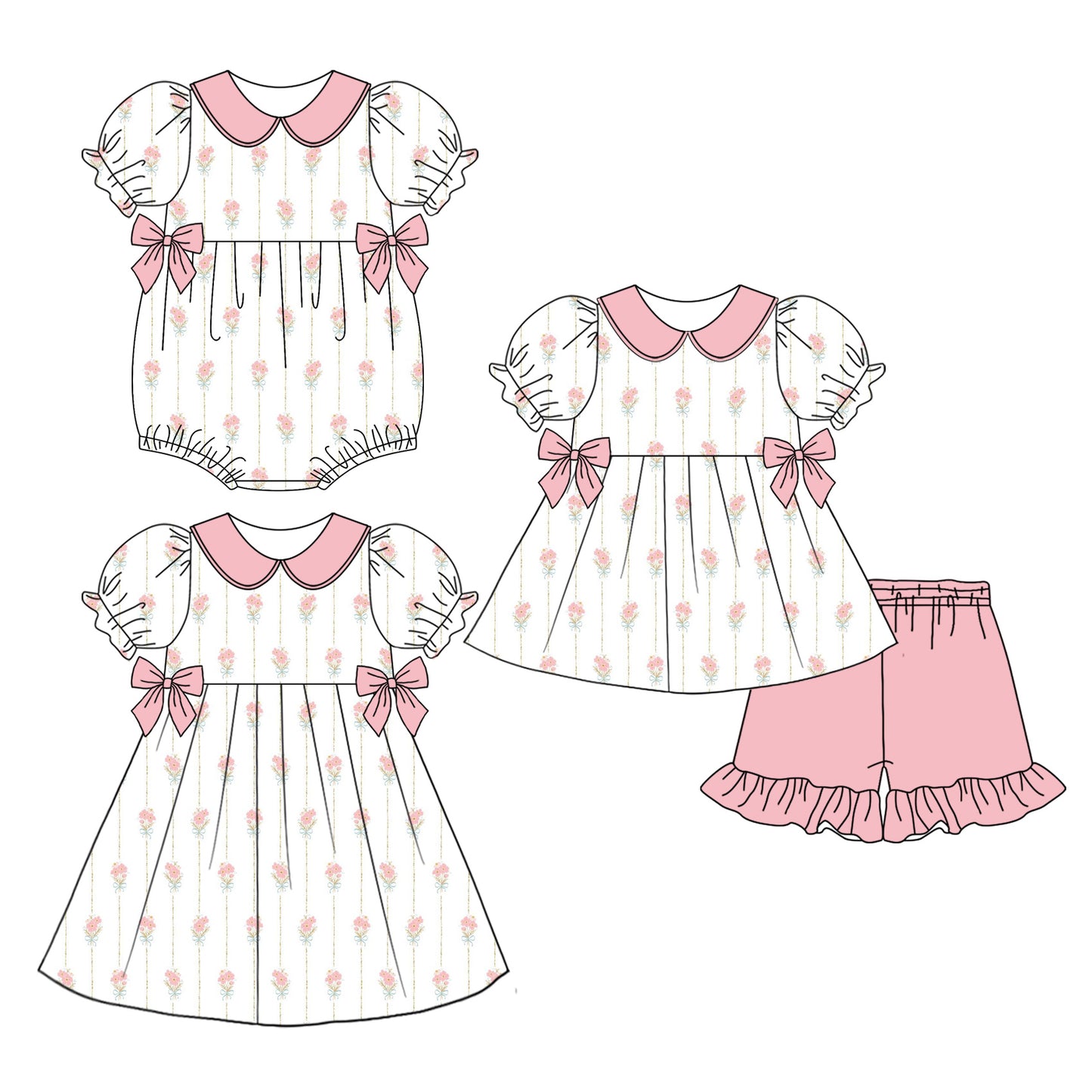 3.31 Custom moq 5 mix size Sibling Baby Girl's White Flowers Short Sleeve Tunic Ruffle Shorts Set Cute Romper Dress for Summer