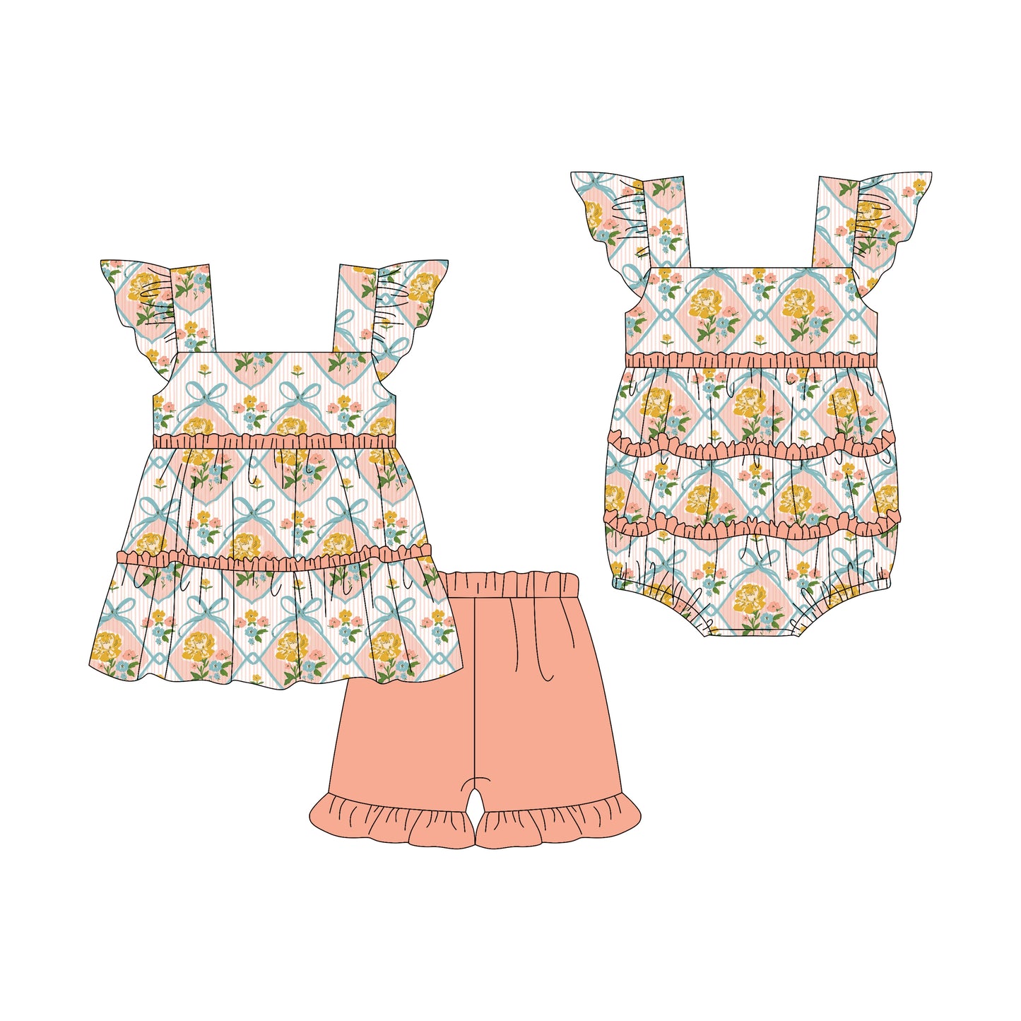 3.7 custom each style moq 5eta 4-6week Sibling Sister bow floral baby girl short sleeve shorts sets and romper match design